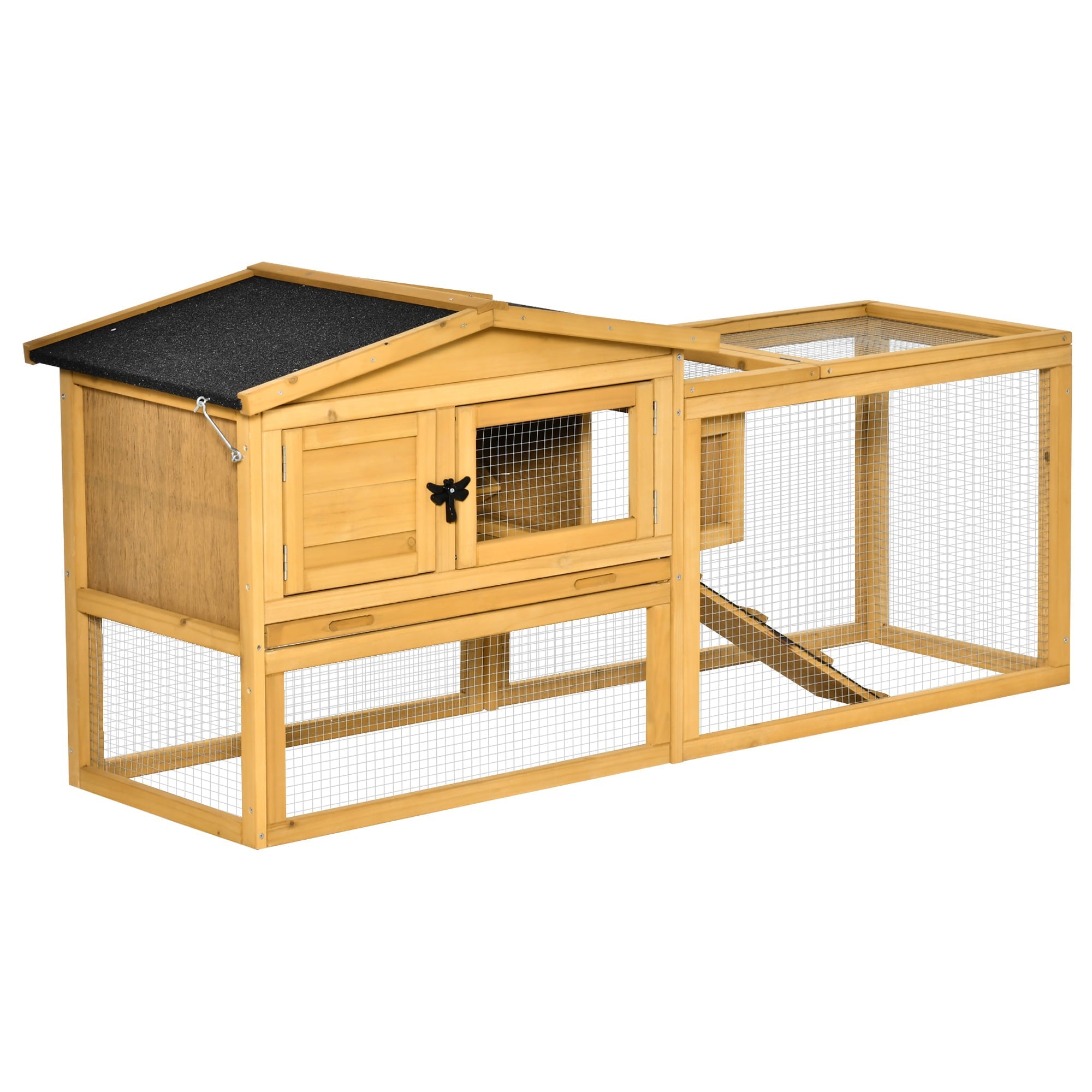 Solid Wood Rabbit Hutch with 2 House Levels and Patio Space, Easy Clean