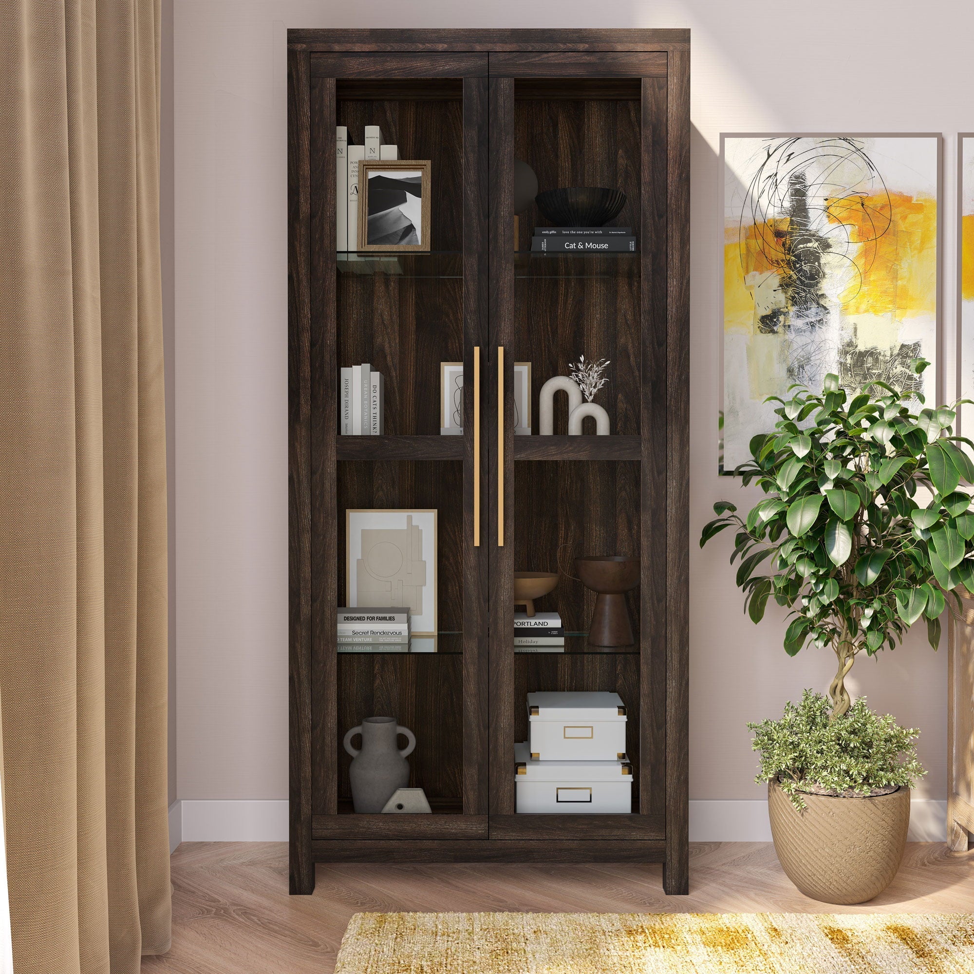 Avalon Tall Display Cabinet with Tempered Glass Doors, Dark Walnut