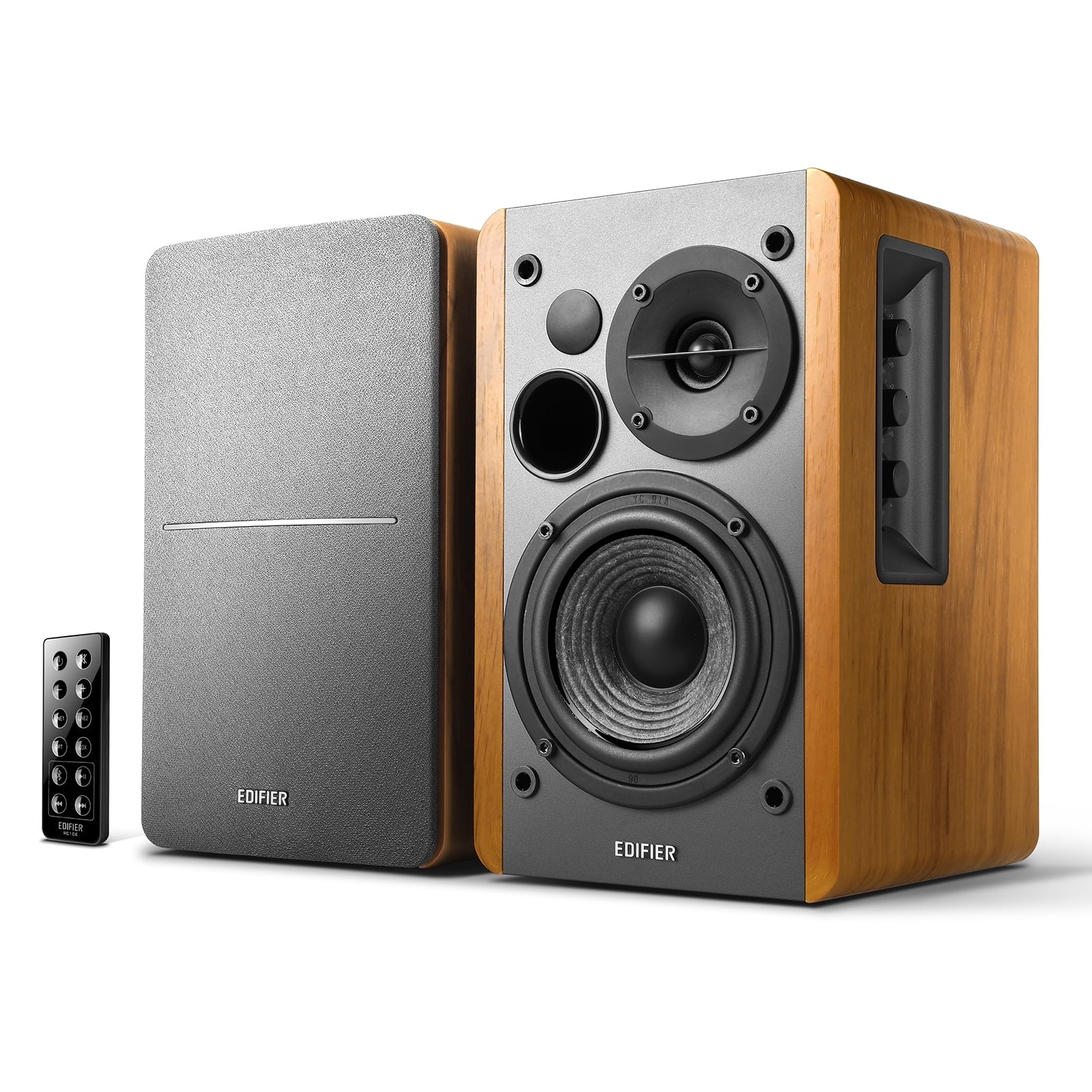 Powered Bluetooth Bookshelf Speakers, 42W RMS, Wood Grain