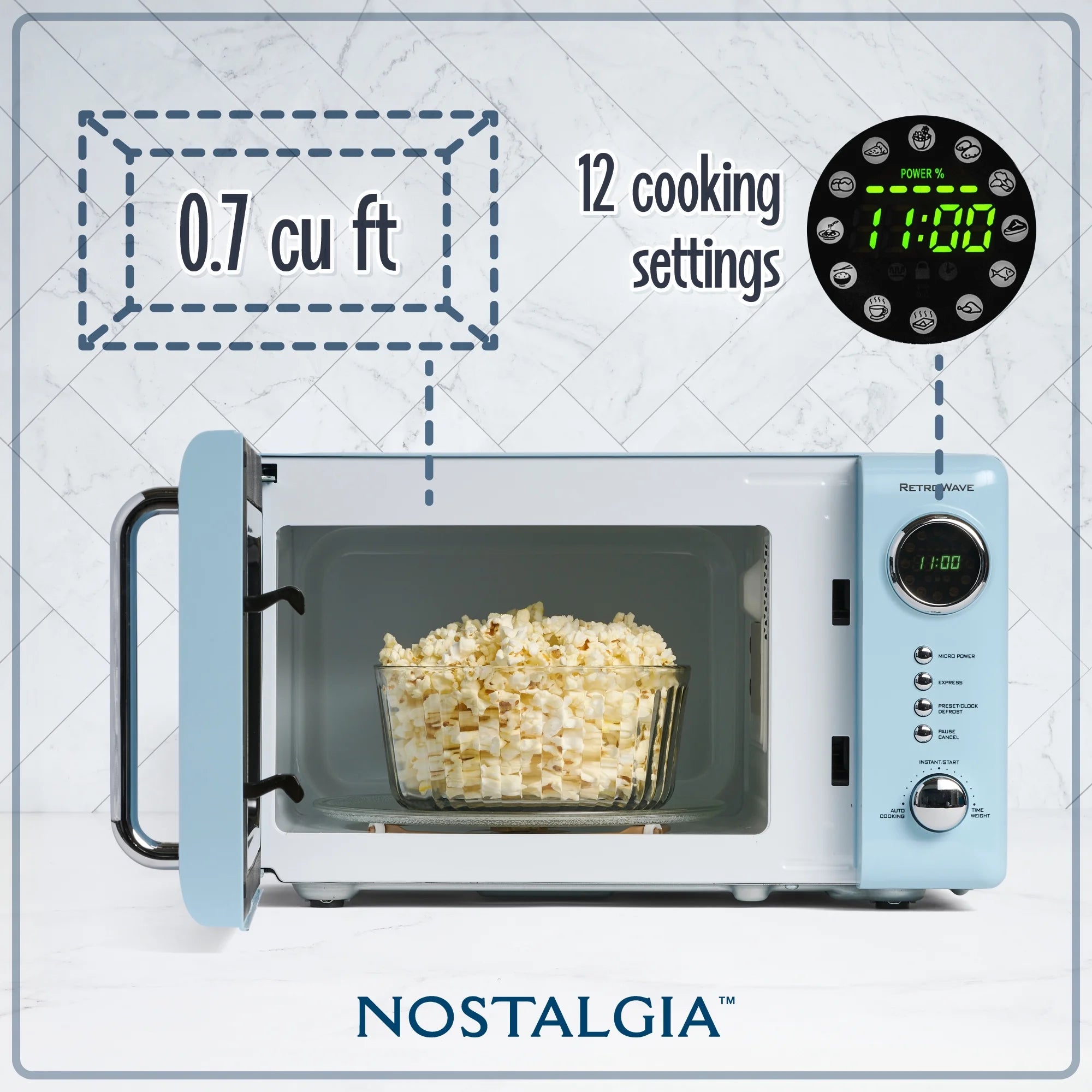 Retro Compact Countertop Microwave Oven, 0.7 Cu. Ft. 700-Watts with LED Digital Display, Child Lock, Easy Clean Interior, Blue