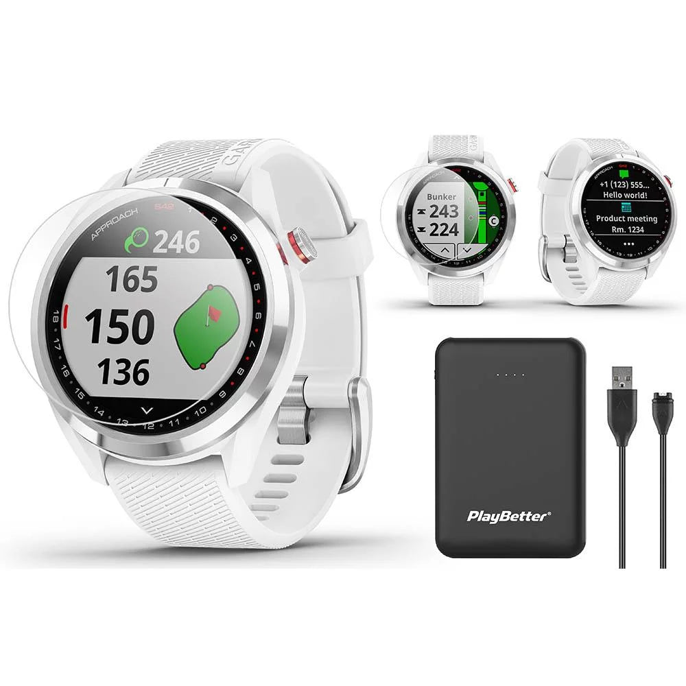 Garmin Approach S42 (White) Golf GPS Watch Power Bundle | 2021 Model | with PlayBetter Portable Charger & HD Screen Protectors
