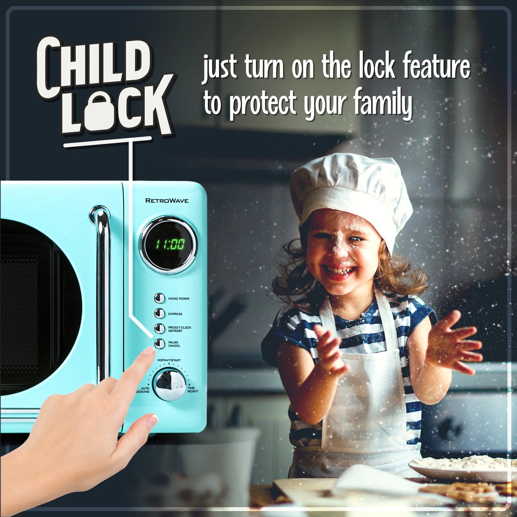Retro Compact Countertop Microwave Oven, 0.7 Cu. Ft. 700-Watts with LED Digital Display, Child Lock, Easy Clean Interior, Aqua