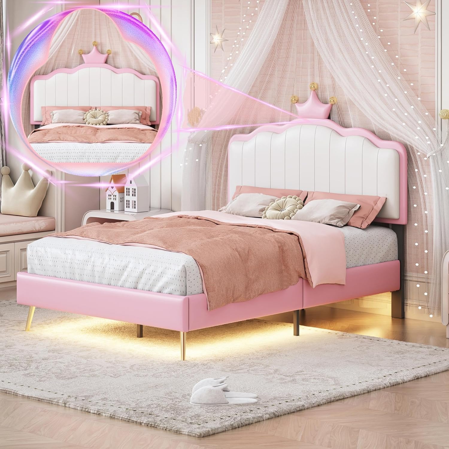 Full Size Upholstered Bed Frame with LED Lights