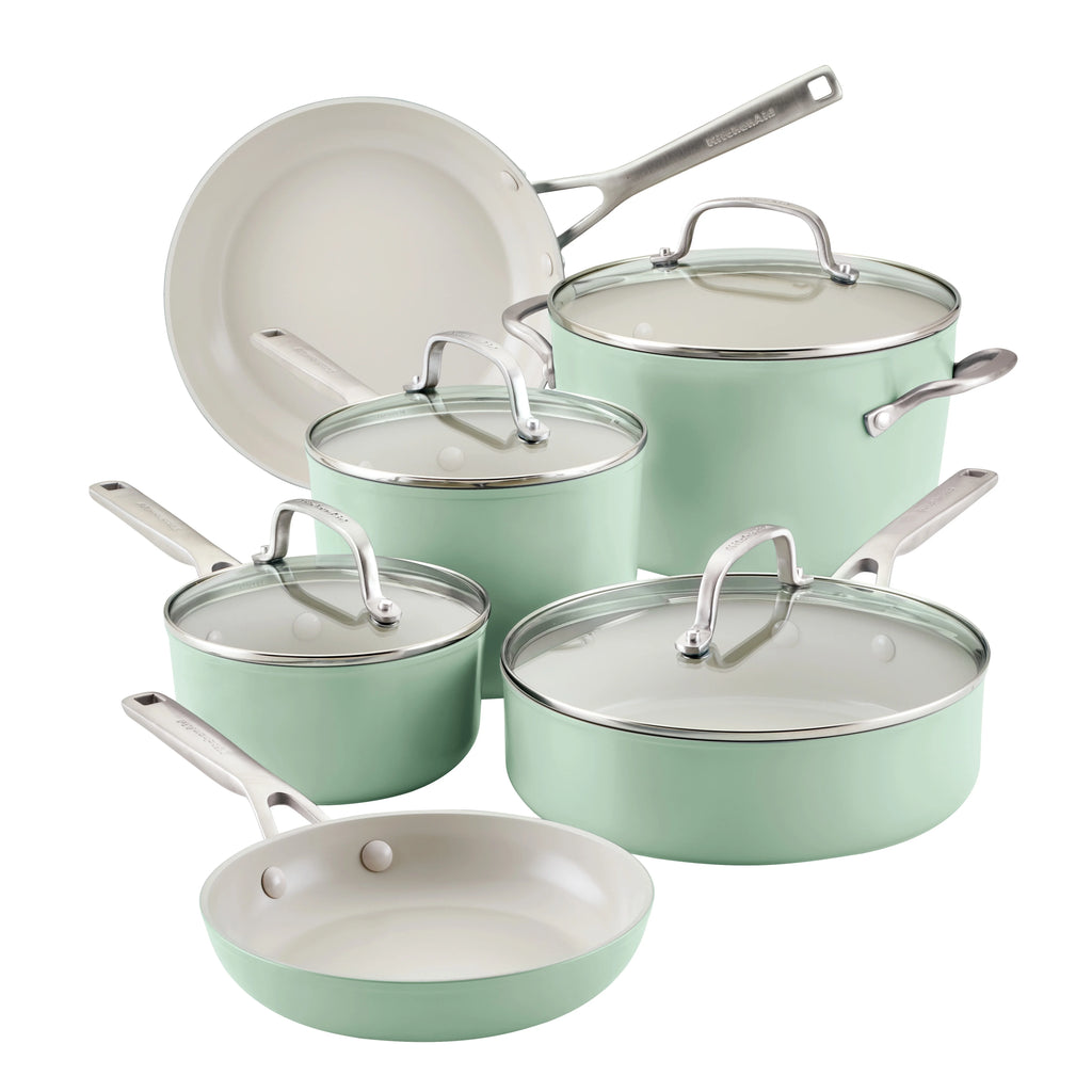 KitchenAid Hard Anodized Ceramic 10 Piece Nonstick Cookware Pots and Pans Set, Pistachio