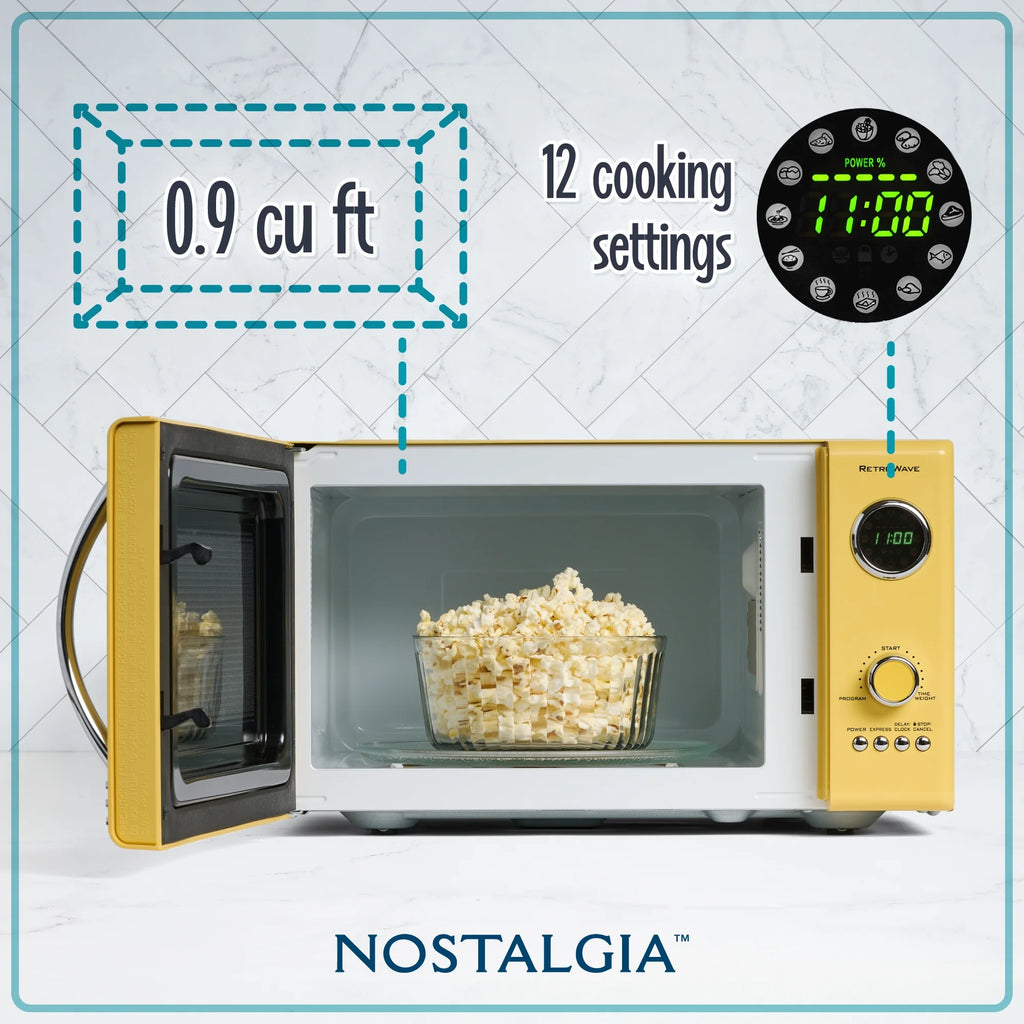 Retro Microwave - Countertop Microwave Oven - Includes 12 Pre-Programmed Settings and Digital Clock - 0.9 CU Ft. - 800 Watts - Yellow