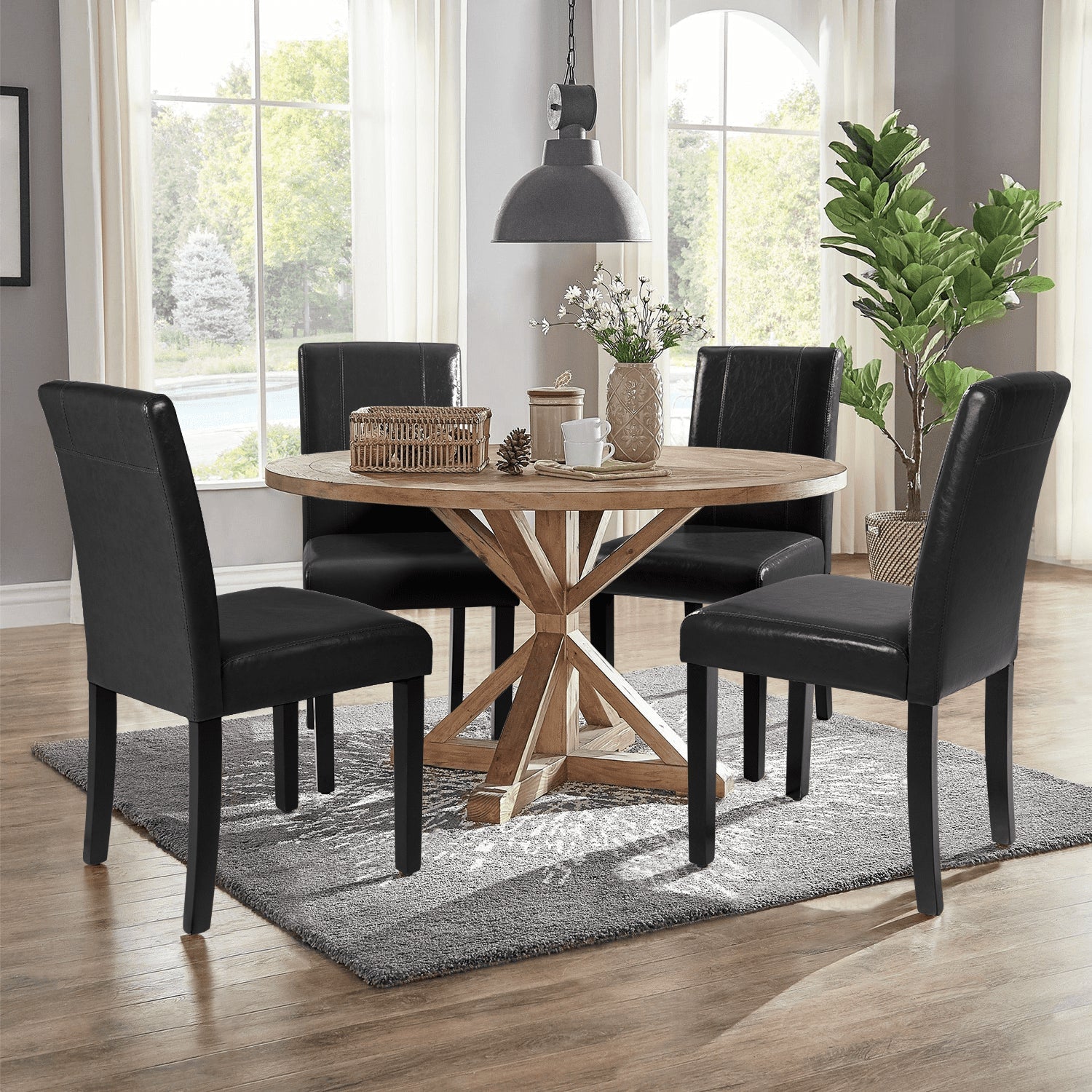 Set of 4 Urban Style PU Leather Dining Chairs with Wood Legs, Black