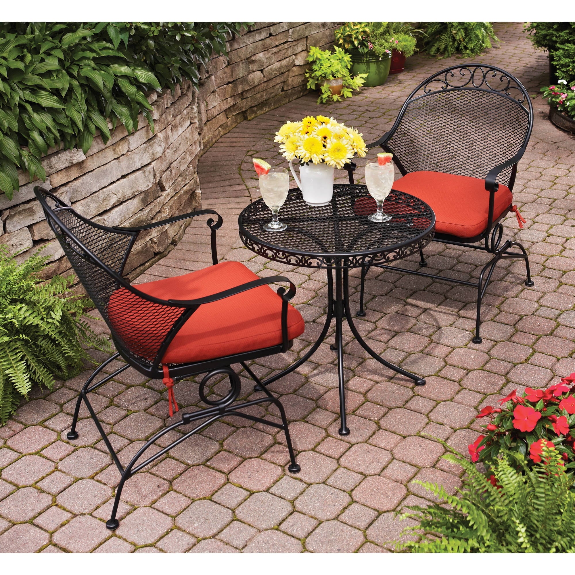 Clayton Court Outdoor Metal 3-Piece Bistro Set, Red Cushion, Spring Motion Chairs