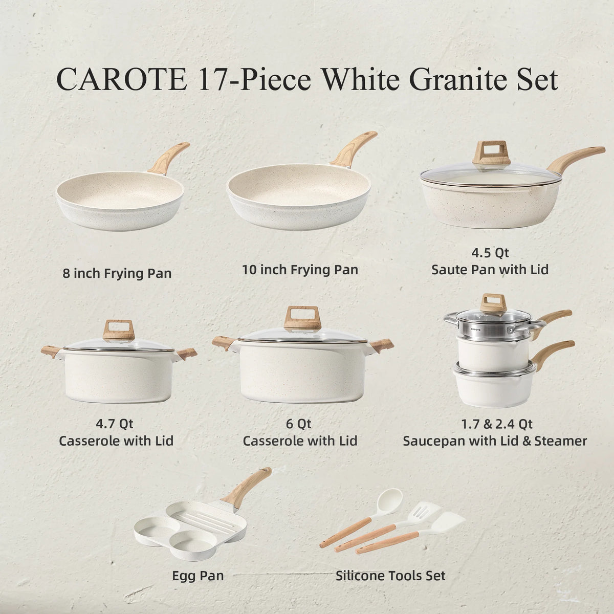 Carote Nonstick Pots and Pans Set, 17 Pcs Granite Kitchen Cookware Sets