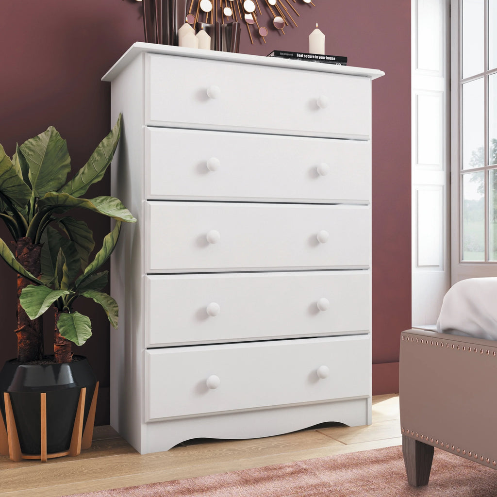 100% Solid Wood 5-Drawer Chest with Metal or Wooden Knobs Honey Pine Stained Medium Wood