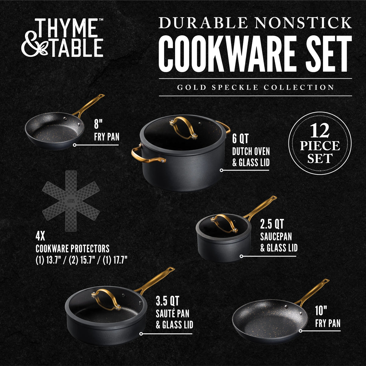 Thyme & Table Non-Stick 12-Piece Signature Cookware Set, Black & Gold