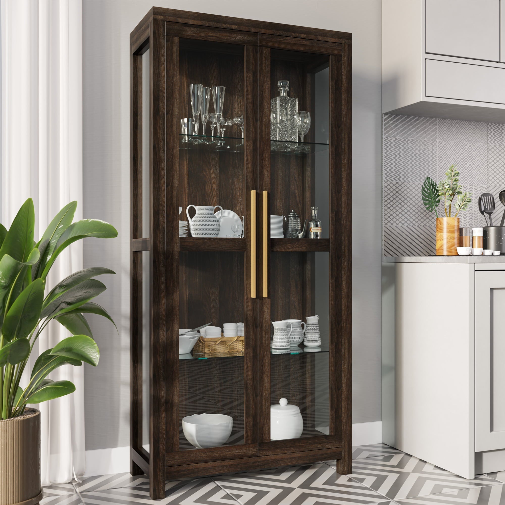 Avalon Tall Display Cabinet with Tempered Glass Doors, Dark Walnut