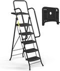 Folding 5-Step Ladder, 330lbs, with Handrails and Tool Tray and Anti-Slip Pedal, Black