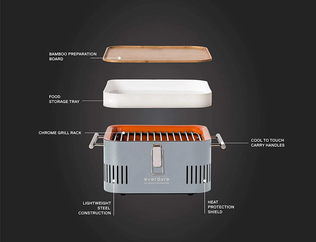 Everdure CUBE Charcoal Grill with Cool Touch Handles, Storage Container and Bamboo Serving Board