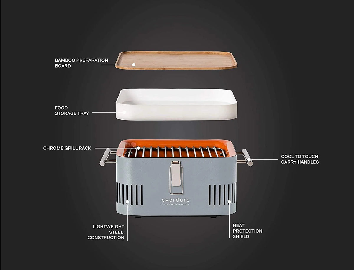 Everdure CUBE Charcoal Grill with Cool Touch Handles, Storage Container and Bamboo Serving Board