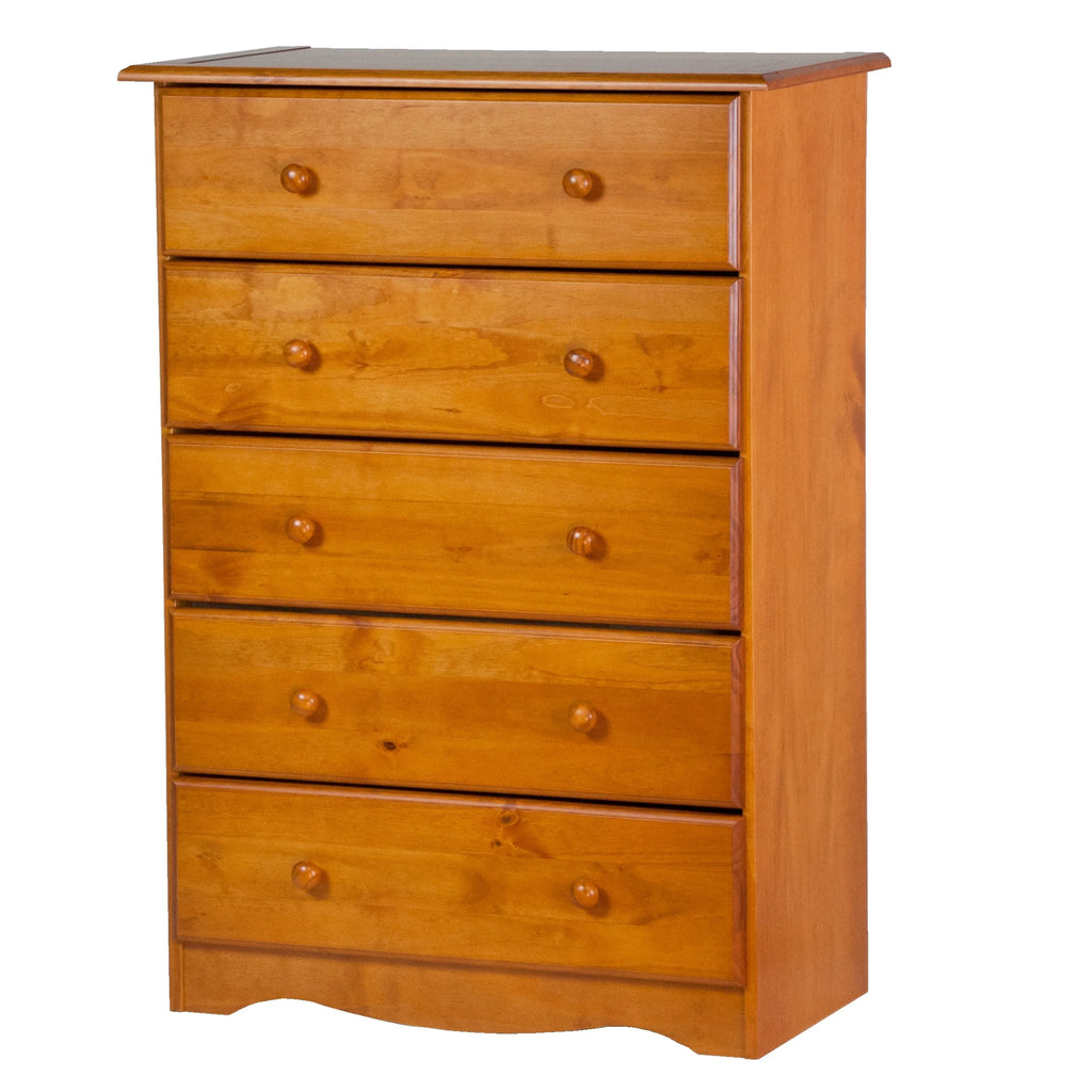100% Solid Wood 5-Drawer Chest with Metal or Wooden Knobs Honey Pine Stained Medium Wood