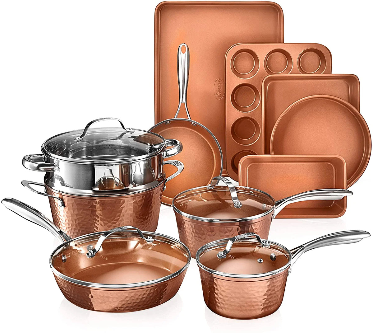 Gotham Steel Nonstick Pots and Pans 15 Pcs Kitchen Ceramic Cookware Set Bakeware Cooking Frying Skillet Sauce Pan Hammered