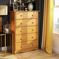 100% Solid Wood 5-Drawer Chest with Metal or Wooden Knobs Honey Pine Stained Medium Wood