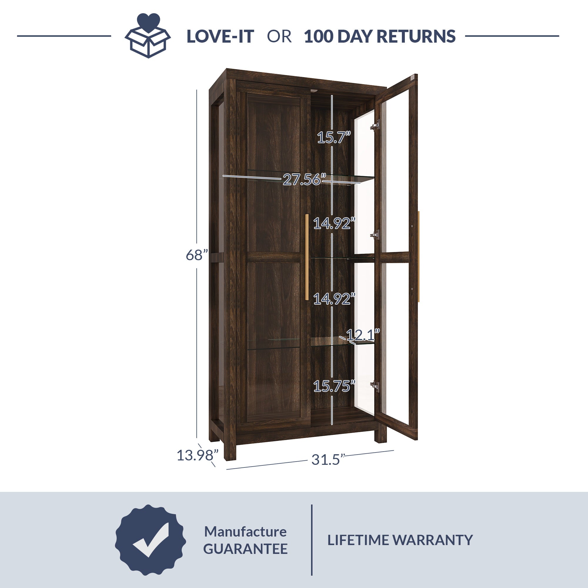Avalon Tall Display Cabinet with Tempered Glass Doors, Dark Walnut