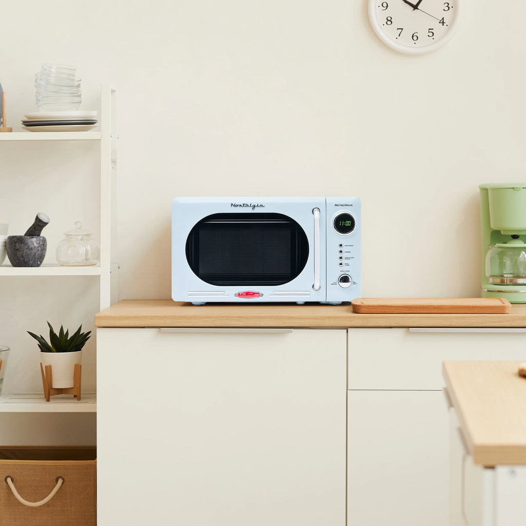 Retro Compact Countertop Microwave Oven, 0.7 Cu. Ft. 700-Watts with LED Digital Display, Child Lock, Easy Clean Interior, Blue