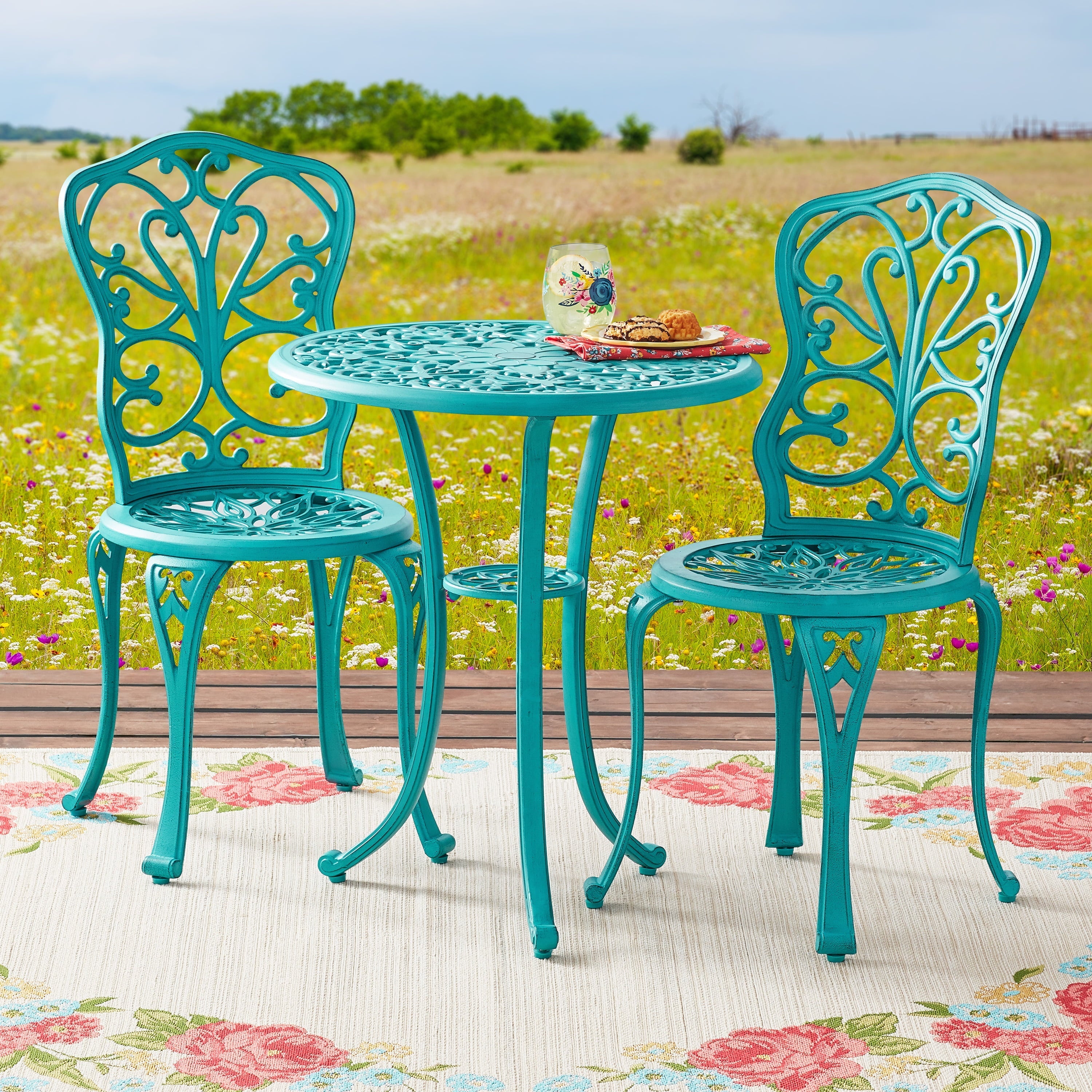 Goldie 3-Piece Cast Aluminum Garden Bistro Set, Teal