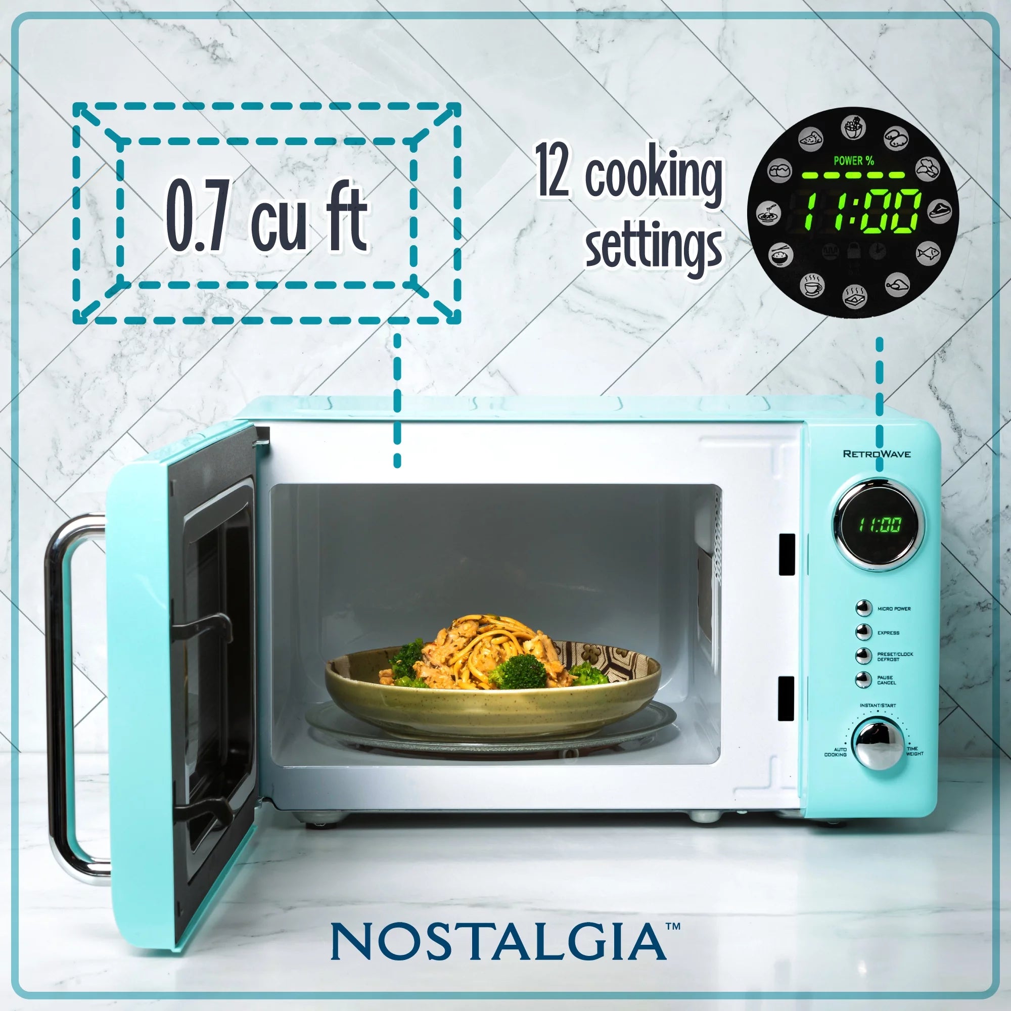 Retro Compact Countertop Microwave Oven, 0.7 Cu. Ft. 700-Watts with LED Digital Display, Child Lock, Easy Clean Interior, Aqua