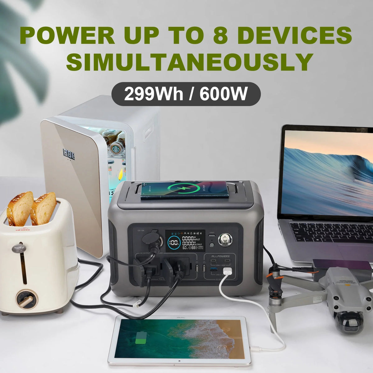 ALLPOWERS R600 Portable Power Station 600W, 299Wh LiFePO4 Battery, Wireless Charging, Solar Generator for Camping Home Emergency off-Grid