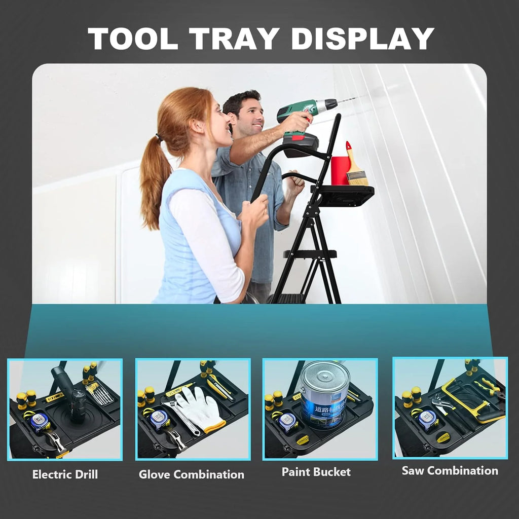 Folding 5-Step Ladder, 330lbs, with Handrails and Tool Tray and Anti-Slip Pedal, Black