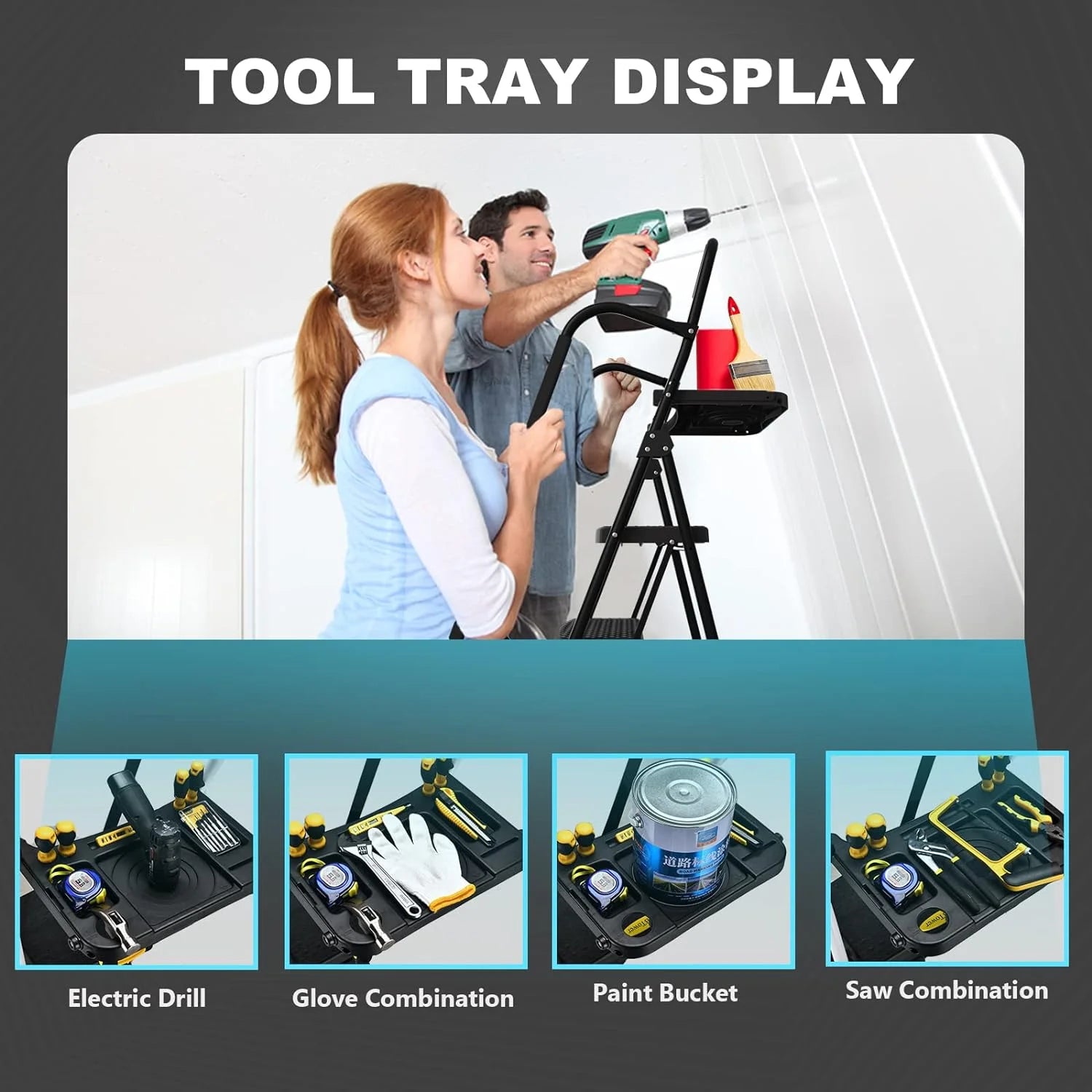 Folding 5-Step Ladder, 330lbs, with Handrails and Tool Tray and Anti-Slip Pedal, Black