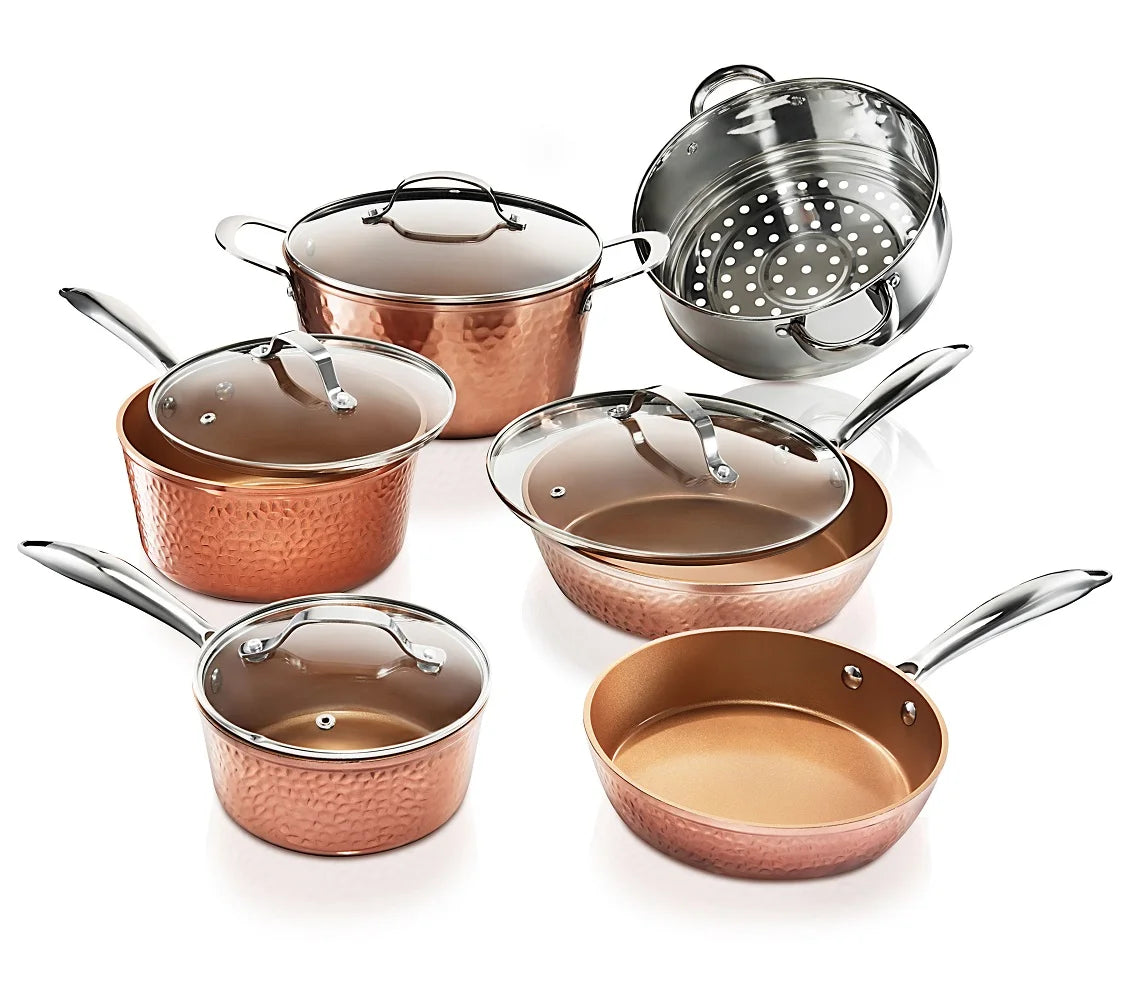 Hammered Collection Pots and Pans Set, 10-Piece Premium Cookware Set with Nonstick Coating, Dishwasher and Oven Safe, Copper