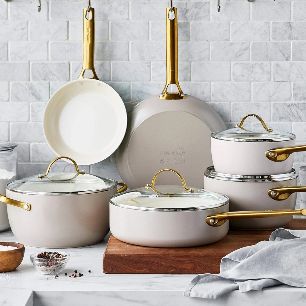 GreenPan Reserve Ceramic Nonstick 10-Piece Cookware Set | Taupe with Gold-Tone Handles