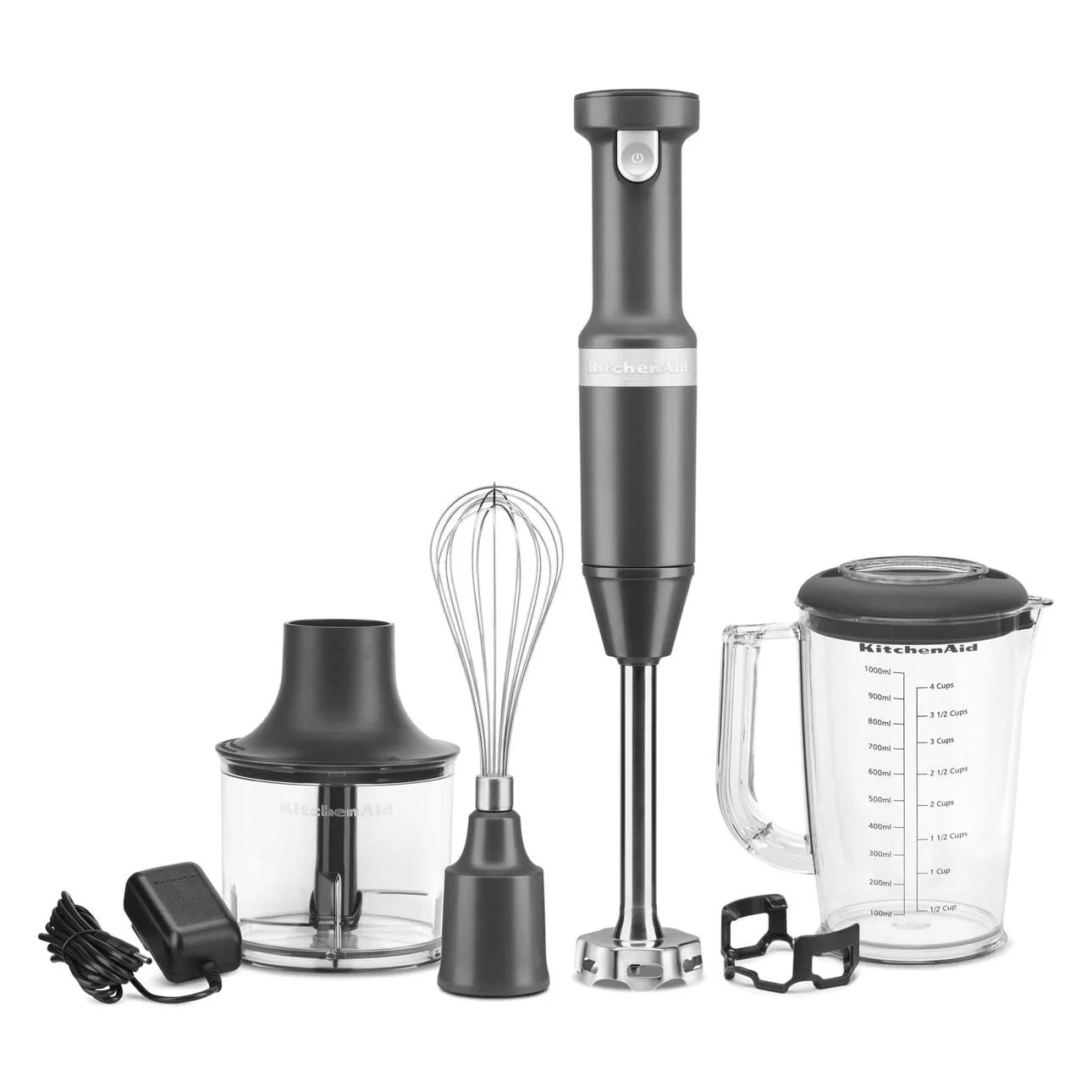Cordless Variable Speed Hand Blender with Chopper and Whisk Attachment, Charcoal Grey